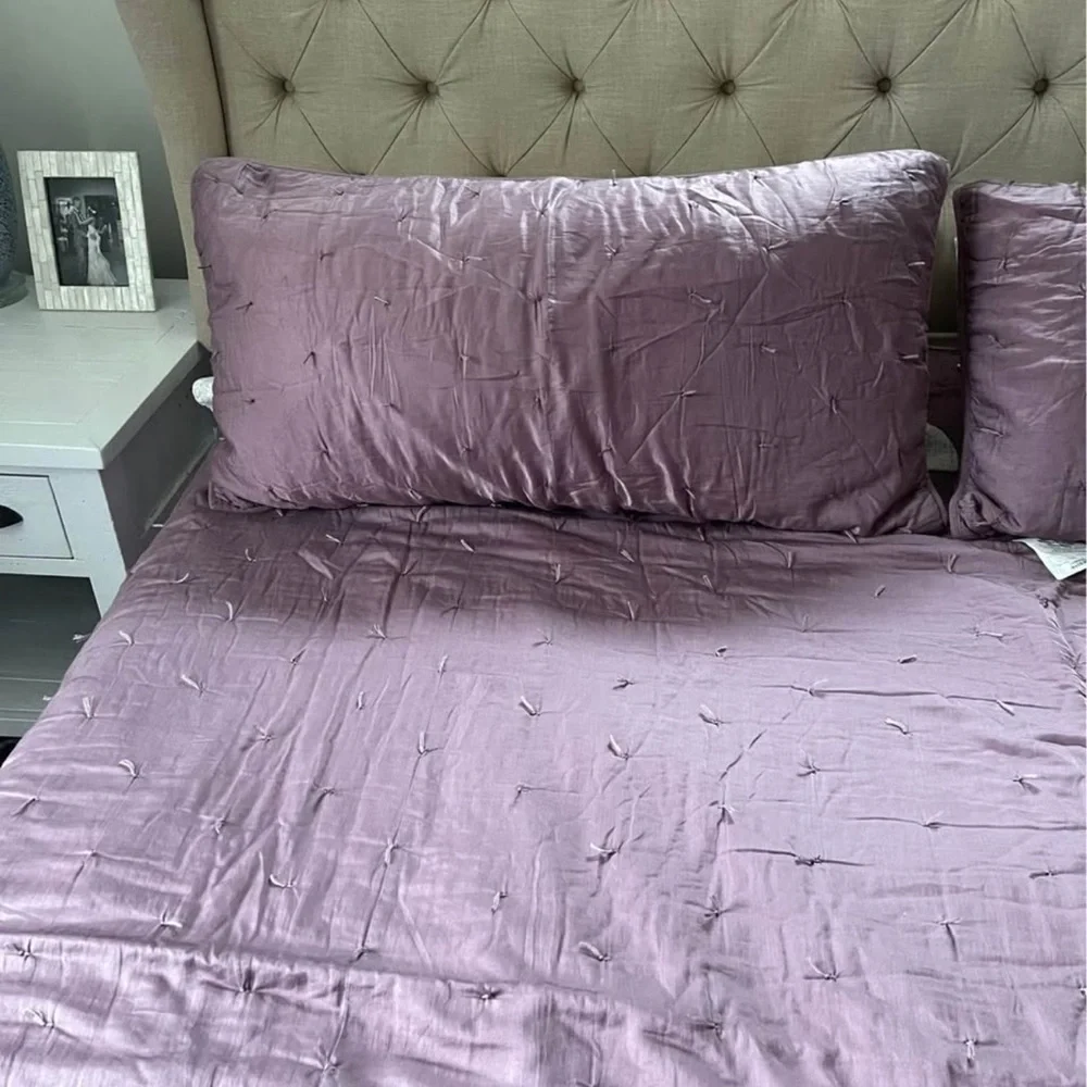 Pottery Barn King Quilt & 2 Shams Dusty Mauve Cotton Textured Bedding Set
